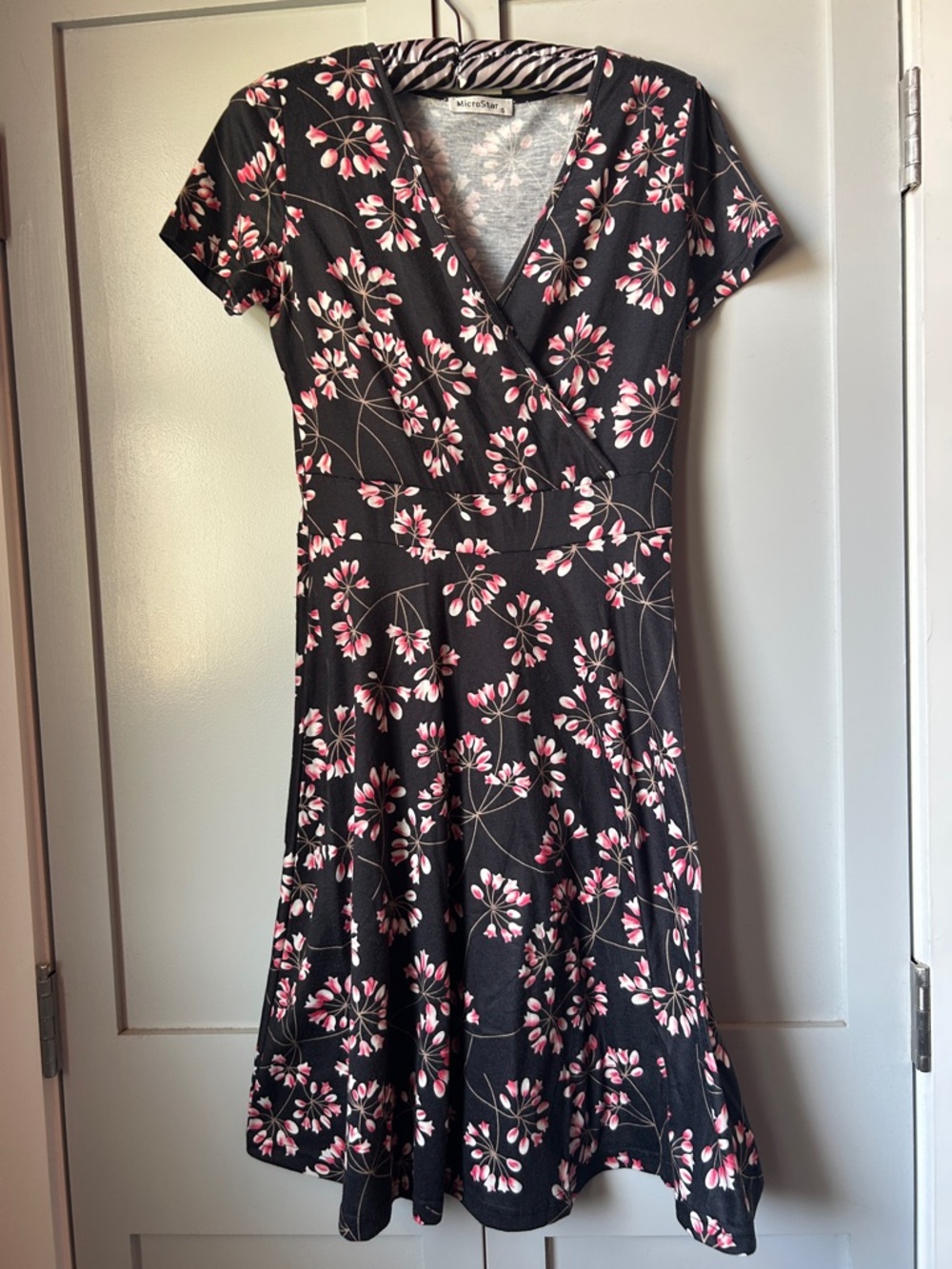 Black Floral Wrap-Style Dress with Pink Accents